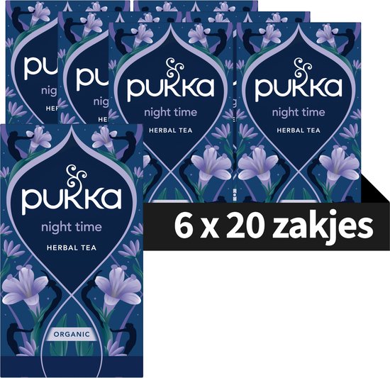 Pukka Night Time kruidenthee, 6 x 20 zakjes in een donkerblauwe verpakking met lavendelbloemen en het Pukka logo.