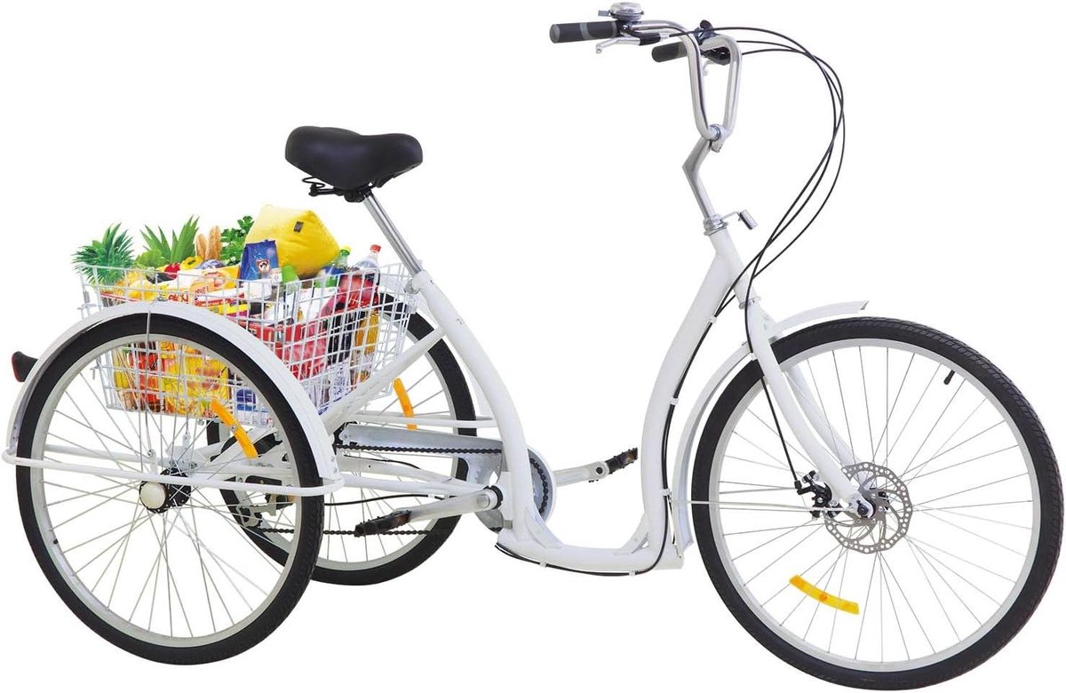 Driewieler voor volwassenen - Comfortabele fiets - Winkelen en transport - Ruime opbergmand - 26 inch wielen - Wit