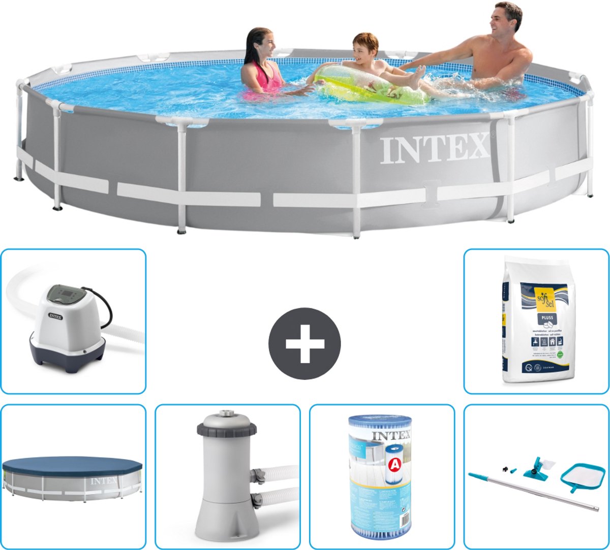 Intex Rond Prism Frame Zwembad - 366 x 76 cm - Grijs - Inclusief Afdekzeil - Zwembadfilterpomp - Filter - Schoonmaakset - Zoutwatersysteem - Zwembadzout - 7-delig