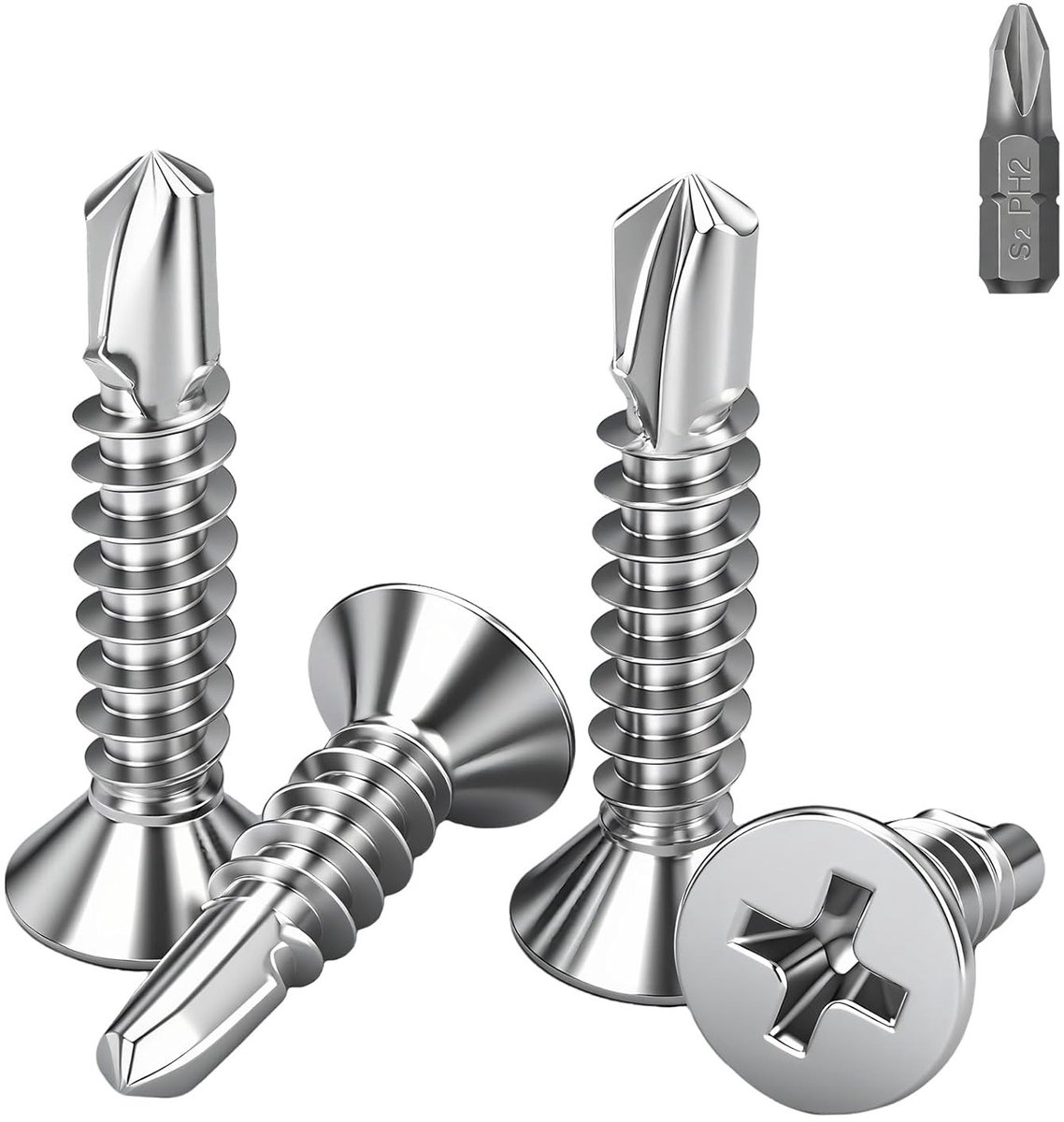40 stuks M4.2x70mm zelftappende schroeven met verzonken kop, roestvrij staal, voor metaal en houtbewerking, inclusief bits