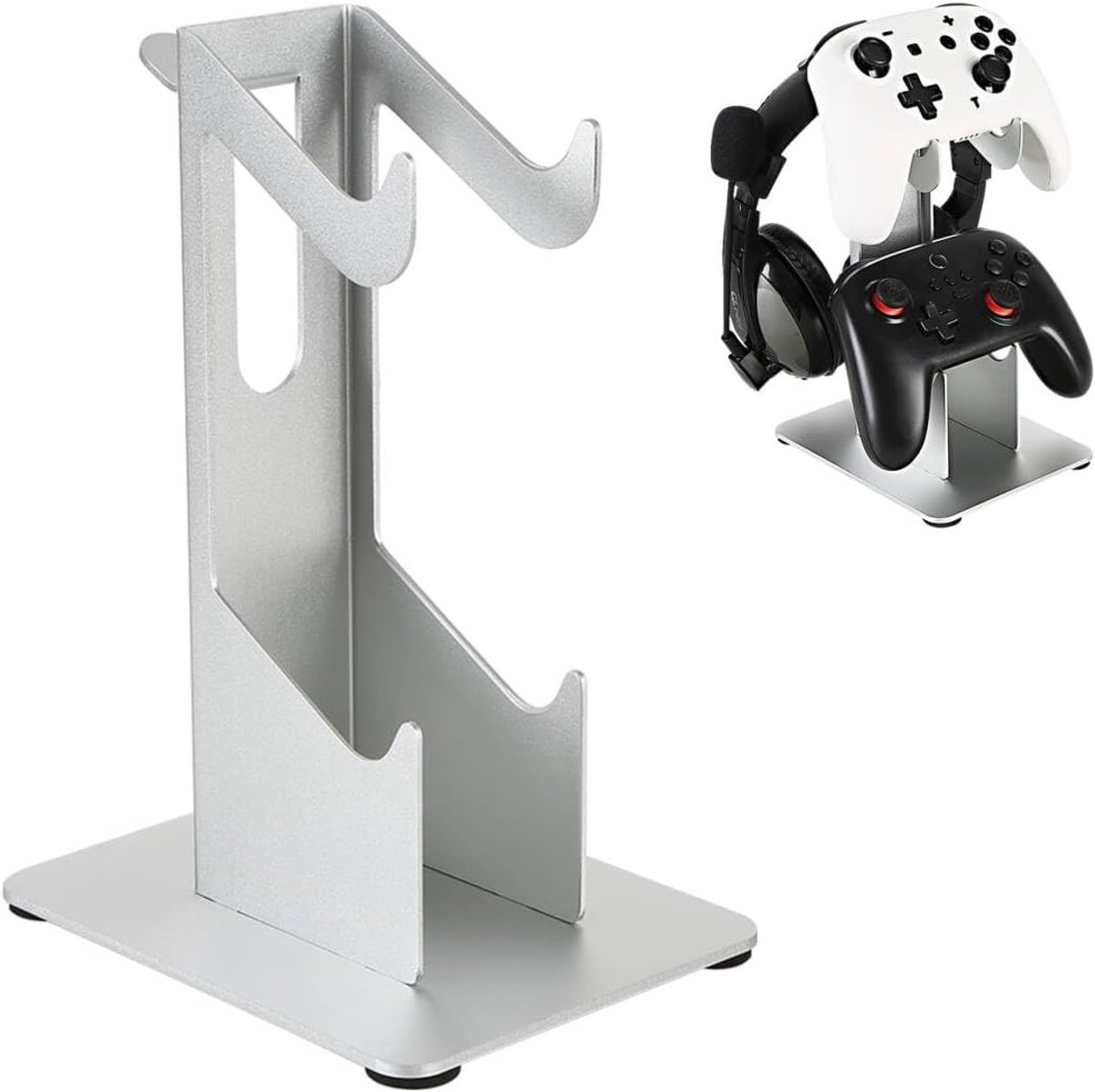 Gamepad en hoofdtelefoonhouder, tafelstandaard voor twee gamepads en een headset, zilver, gamingaccessoires