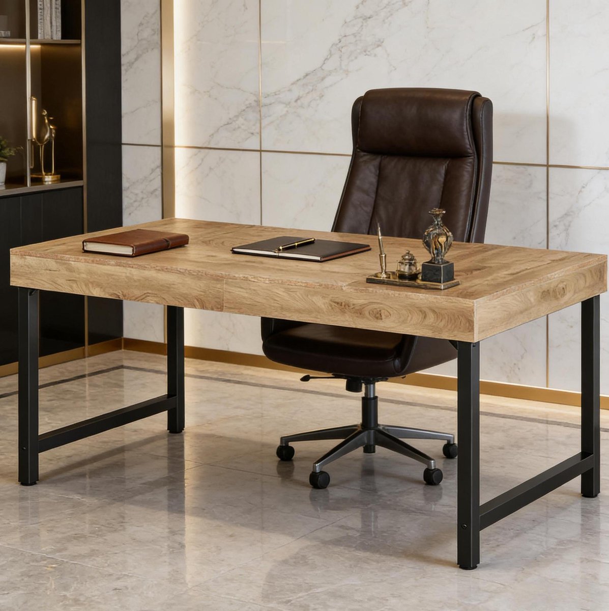 MIVRAY Bureau - Ruim Werkblad Van 140 Cm In Rustieke Houtlook - Voor Thuiswerk En Kantoor - MDF En Metaal - Zwart Bruin - 140x70x76 Cm