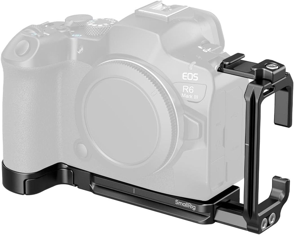L-Bracket voor Canon R6 Mark III/R6 II, Ideaal voor Horizontaal en Verticaal Schieten, Met AirTag Slot en Koude Schoen Bevestiging, 1/4"-20 Draadgaten, Arca Compatibel en Snelle Bevestiging