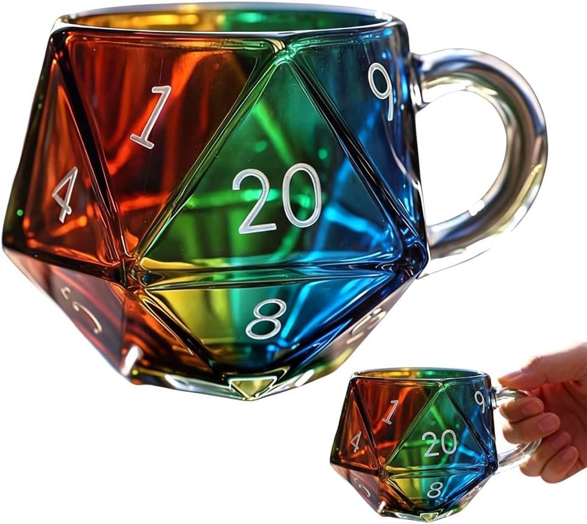 Koffiemok met Handvat, 400 ml, Regenboog Glas, D20 Design, Polyhedral Dice, Grappige Drinkglazen voor Fantasy Liefhebbers, Cadeau voor Spelers en D&D Fans
