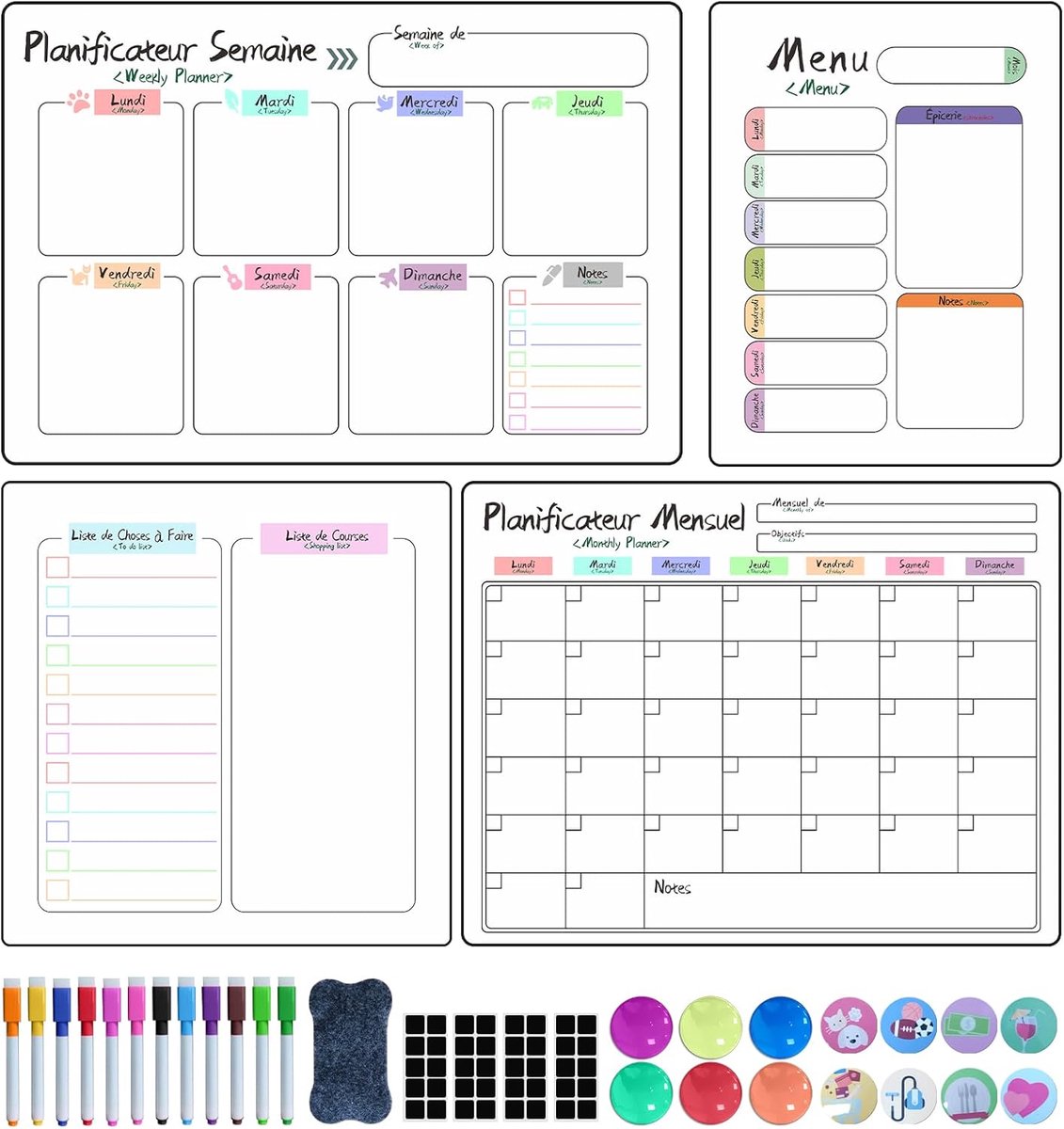 SnelShoppen - 4-delige Magnetische Koelkast Kalender, Herbruikbare Maandplanners en Weekmenu Bord voor Koelkast, Boodschappenlijst en Kindvriendelijke