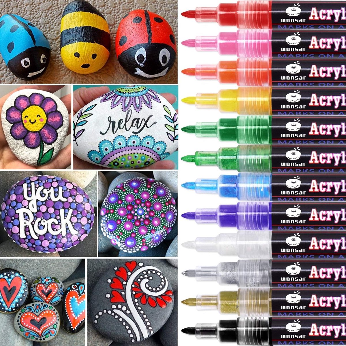 Thijox - WONSAR Acrylstiften voor Stenen - 12 Watervaste Kleuren, Permanente Markeerders voor Kinderen en Volwassenen, Geschikt voor Keramiek, Glas, H