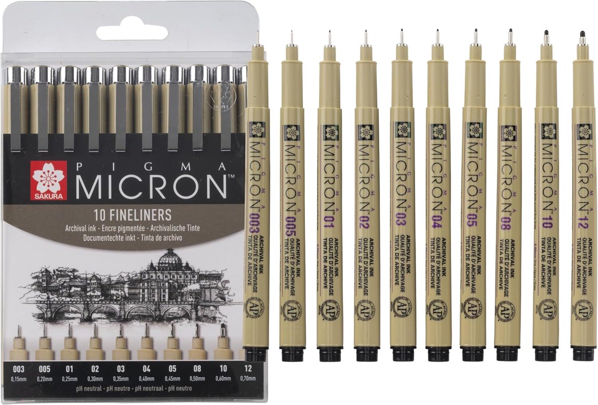 Thijox - Sakura Pigma Micron Fineliner Pennen Set van 10 - Watervaste, Permanent Zwarte Inkt - Assorti Maten voor Tekenen, Schrijven & Bullet Journal