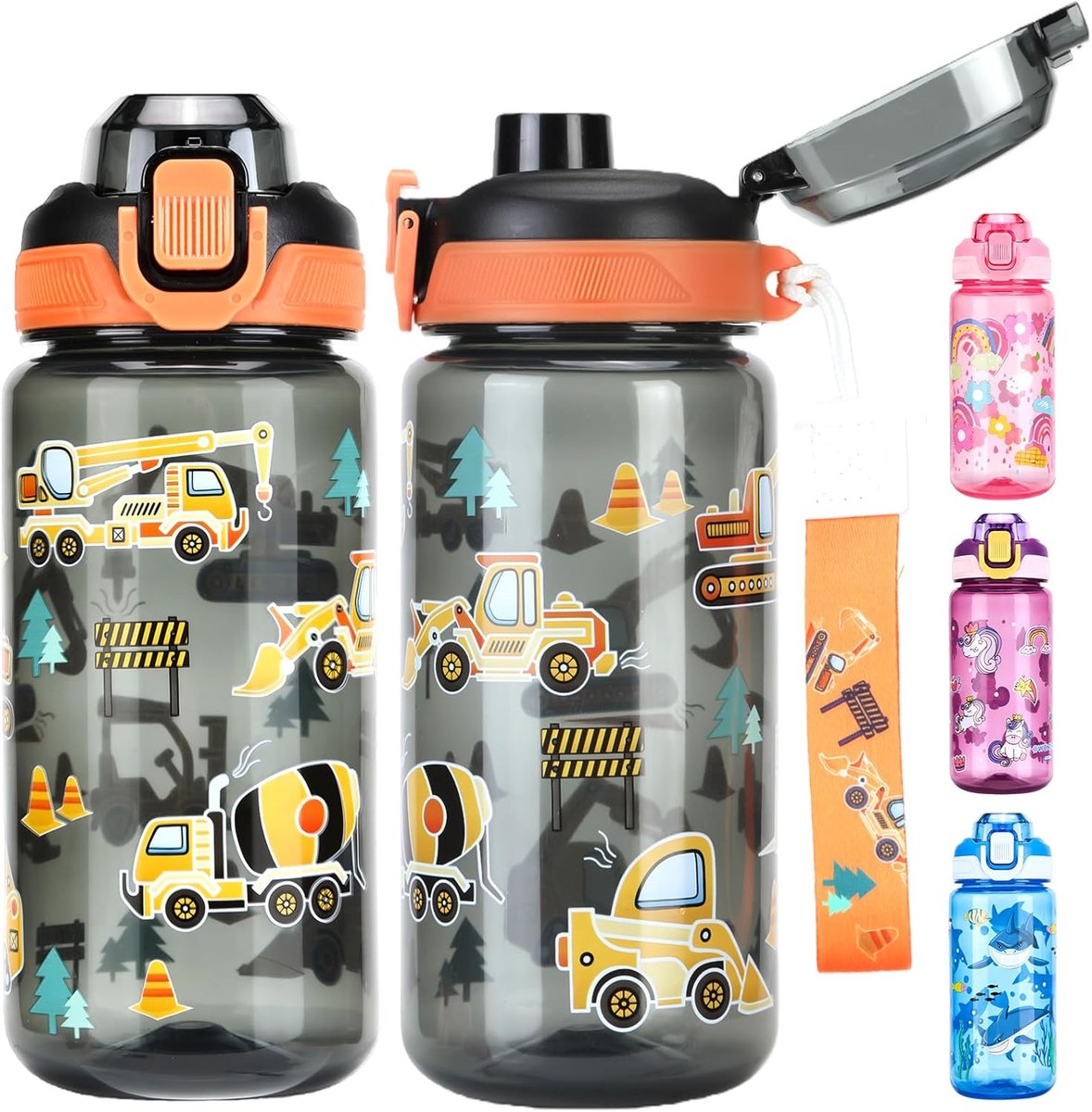 Thijox - Drinkfles voor Kinderen 600 ml - BPA-vrije Sportwaterfles met Lekvrij Flip-topdeksel voor Meisjes en Jongens (Mysterious Black, Ingenieurvoer