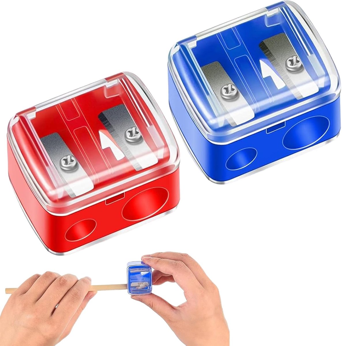 SnelShoppen - Make-up Puntenslijper Set van 2 (Rood + Blauw) - Dubbele Puntenslijper voor Wenkbrauwpotloden, Eyeliner en Lippenstiften - Compact en Dr