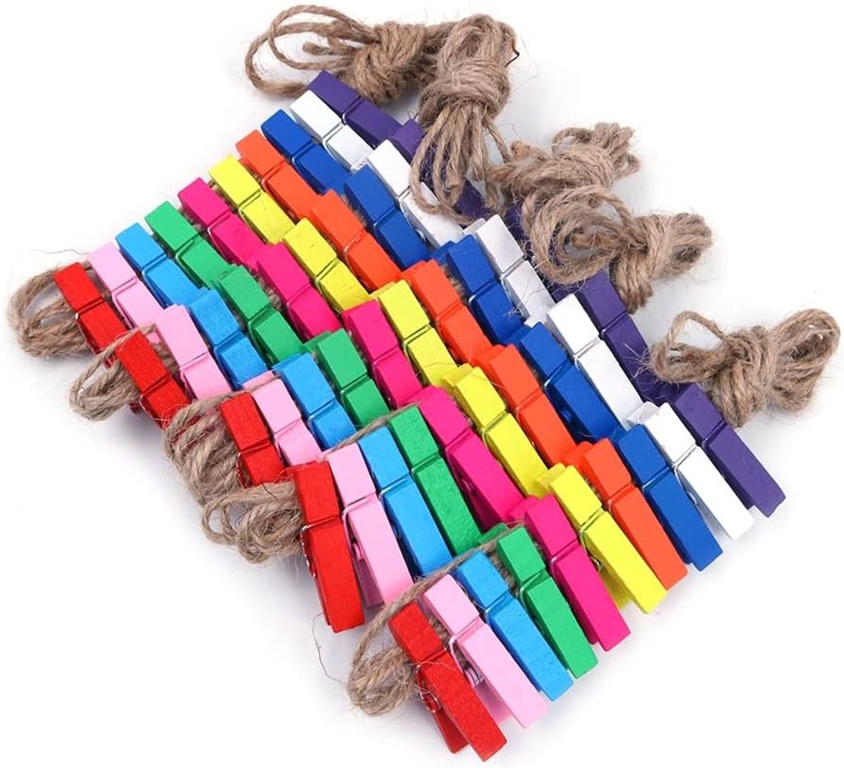 Houten knijpers set van 50 stuks, 1,3 inch kleine clips met 2m jute touw voor knijpen, decoratie en outdoor gebruik