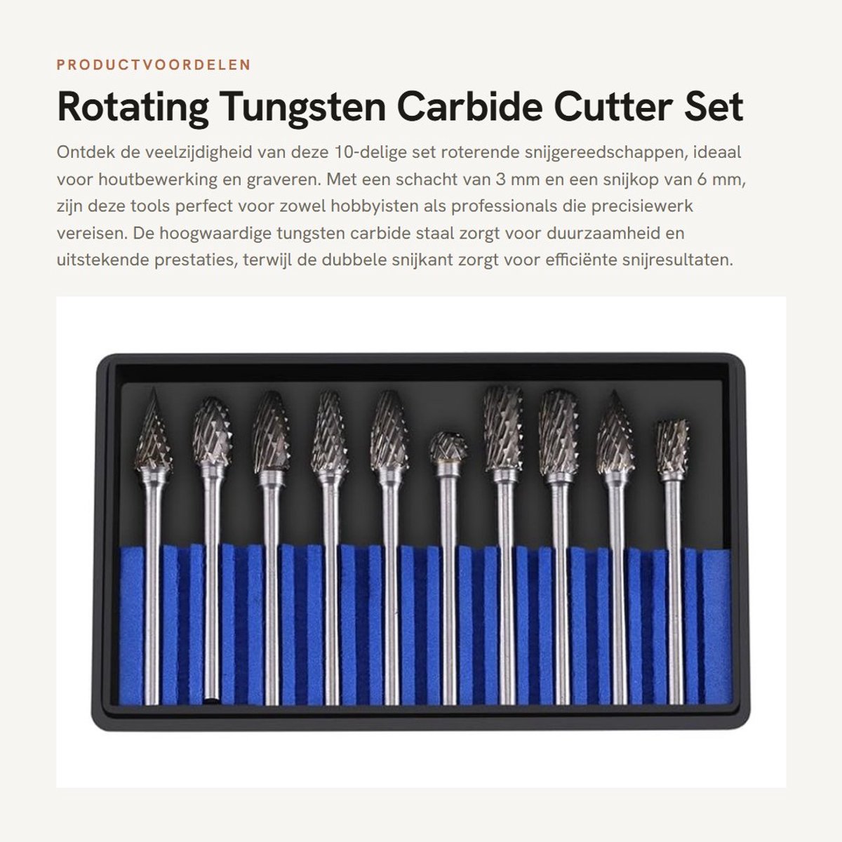 Inovra - Rotating Tungsten Carbide Cutter Set - 10pcs - Houtbewerking - 3mm Schacht - 6mm Snijkop - Multifunctioneel - Voor Carving