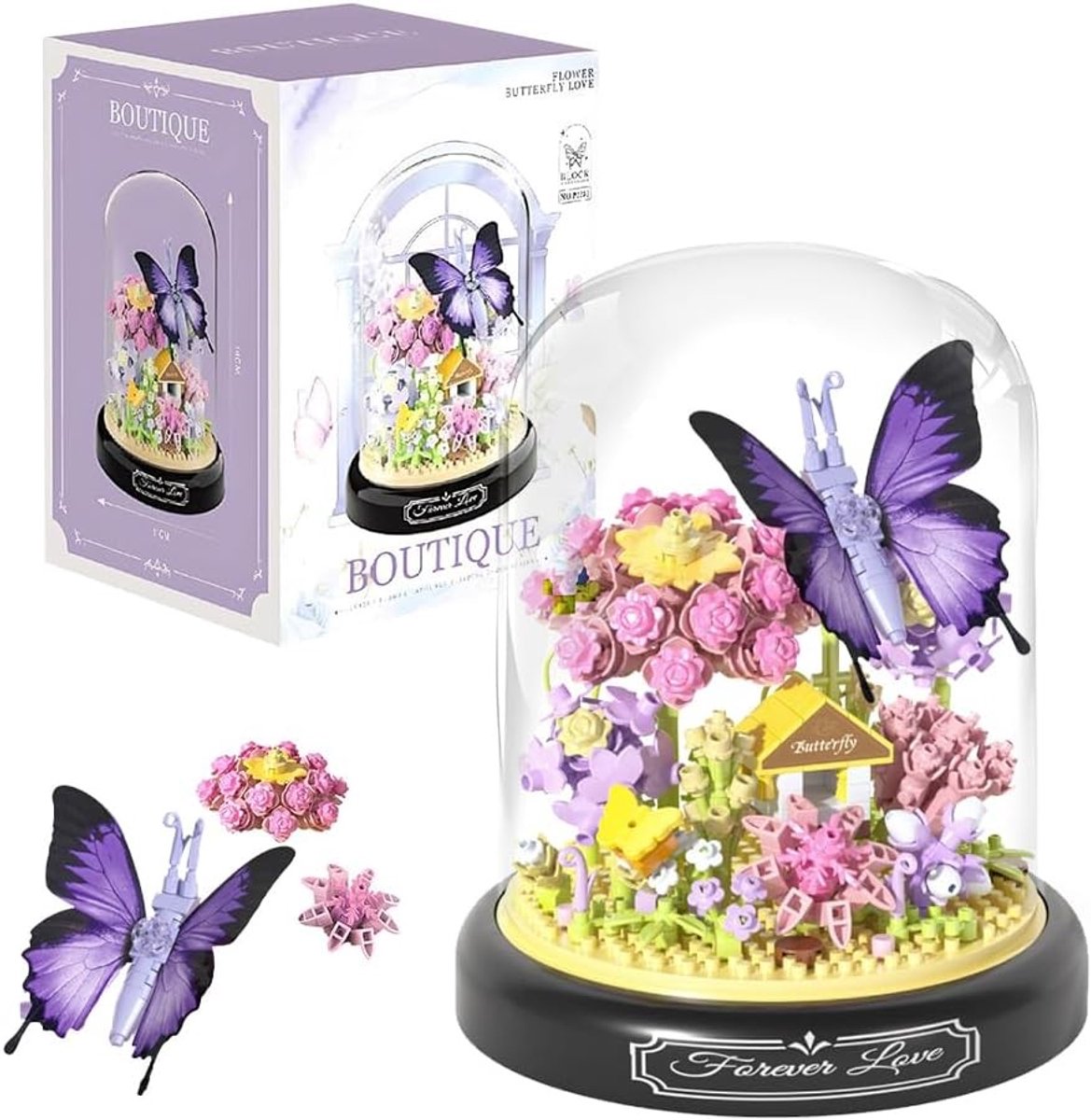 Mini Bouwstenen Set Vlinders en Bloemen met Stofdichte Dome en Pedestal - Perfect Cadeau voor Volwassenen en Kinderen vanaf 8 Jaar (582 Stuks)