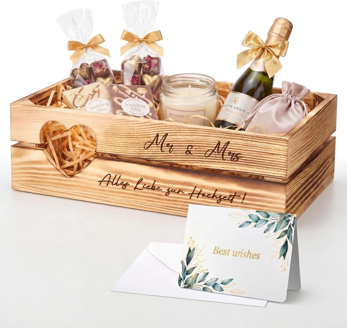 Houten Geschenkdoos voor Bruiloften 28 x 18 x 9 cm - Lege Cadeaumand met Hart, Raffia en Wenskaart voor Bruid en Bruidegom