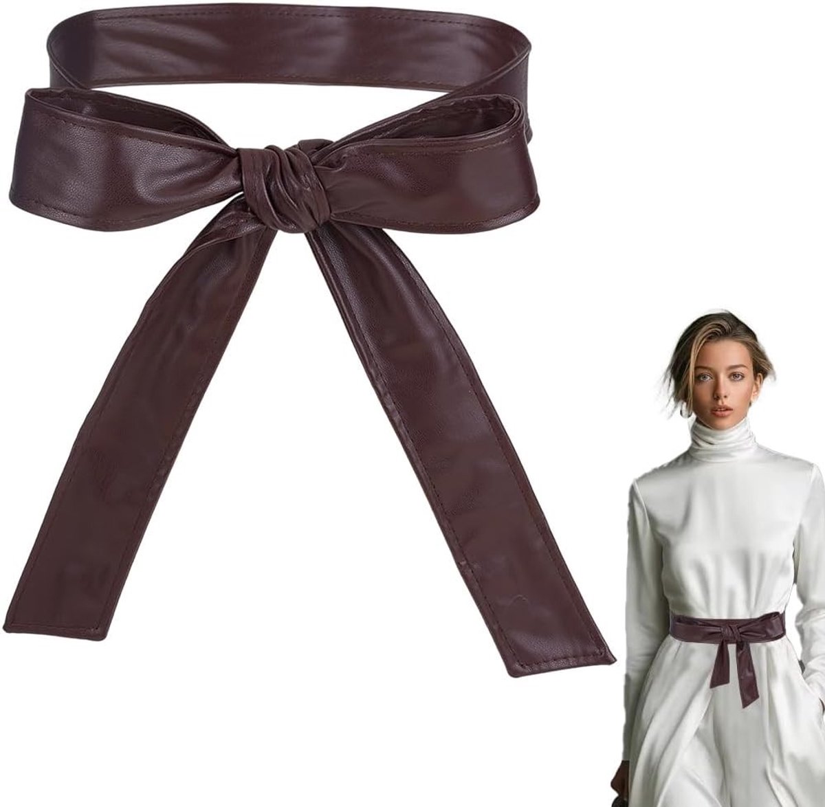 Brede kunstleren riem met strik in OBI-stijl voor dames, verstelbaar en perfect voor jurken, rokken en mantels.