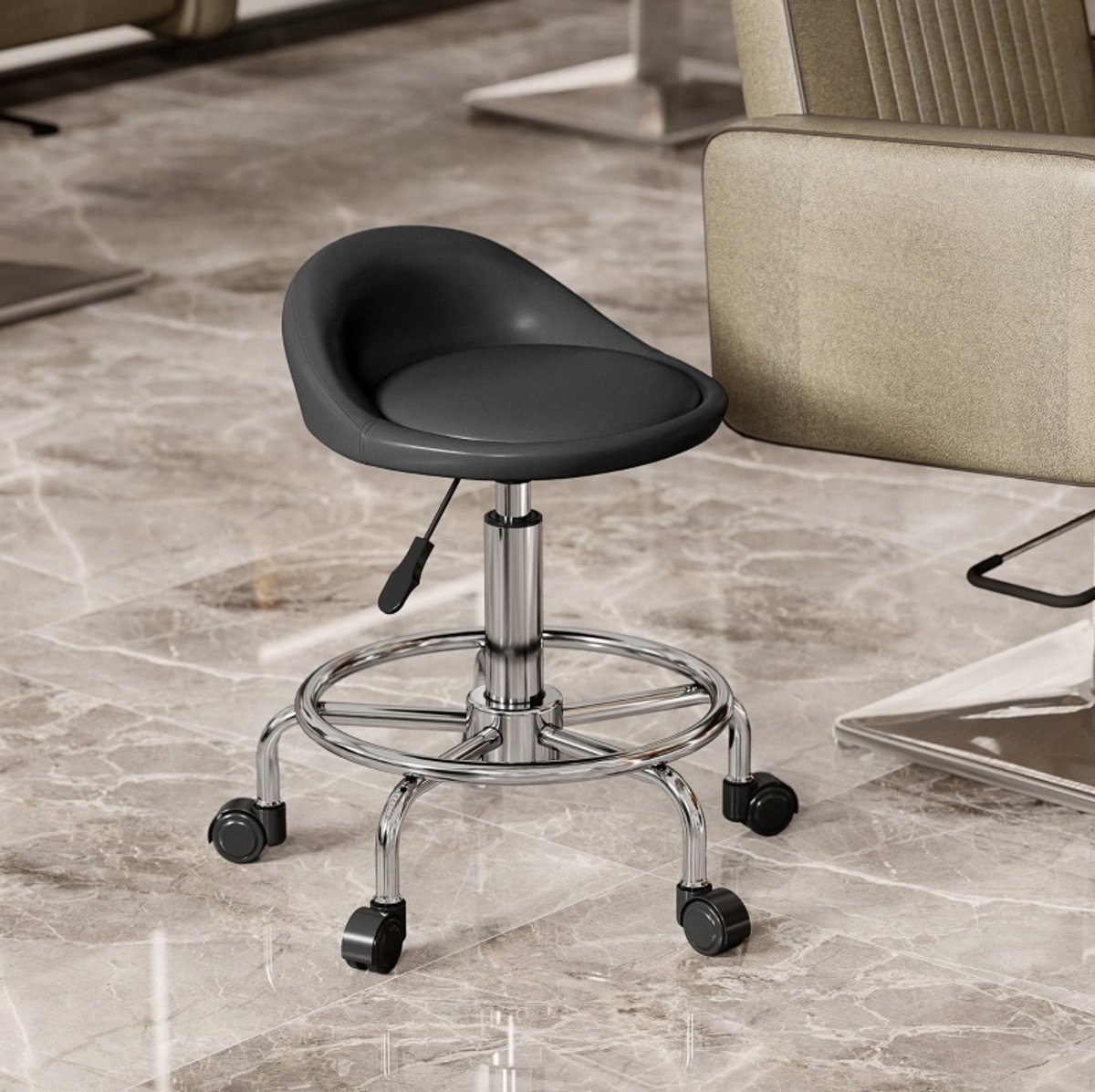 MEUNIQ Bureaukruk met rugleuning en wielen 49-65 cm zithoogte 360° draaibaar in hoogte verstelbaar kunstleer zwart voor kantoor salon massage en spa
