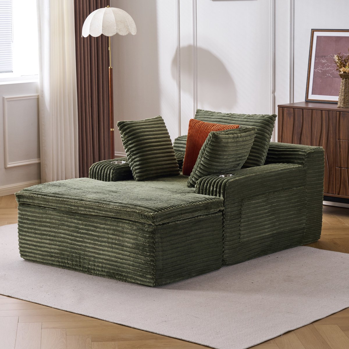 FloraGrace Slaapbank 165 x 112 x 63 cm - 1-Zits Cloud Sofa Met Chaise Longue En 3 Kussens - Zonder Montage Voor Woonkamer Of Leeshoek - Corduroy - Groen
