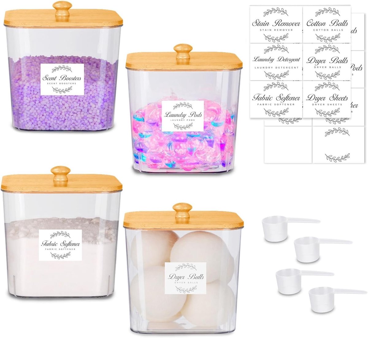Set van 4 Grote Wasmiddelcontainers met Deksel, Multifunctionele Opbergdozen voor Wasmiddelen, Inclusief 16 Stickers en 4 Scheppen voor Waspods en Wasgeuren