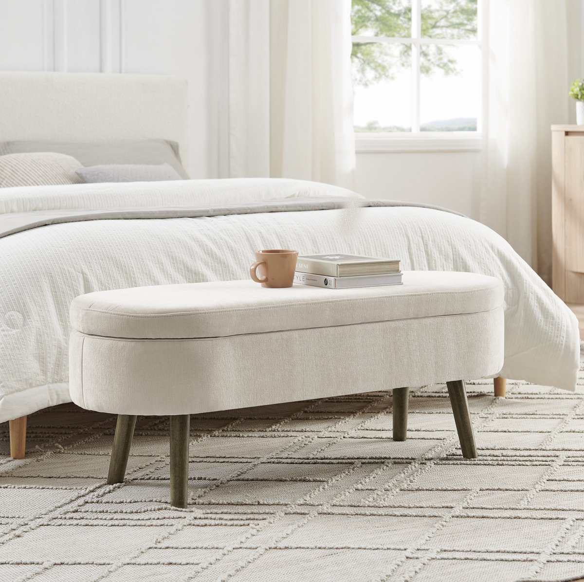 HAUSS SPOLE Opbergbank Beige Chenille Met Massief Houten Poten En Hydraulisch Scharnier Voor Slaapkamer Woonkamer En Hal 110x40x42 Cm
