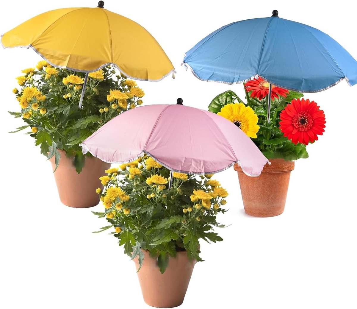 Set van 3 Tuinparaplu's voor Buitenplanten - Malleabele Bescherming voor Tuinbedden, Potplanten en Groenten in Geel, Roze en Blauw