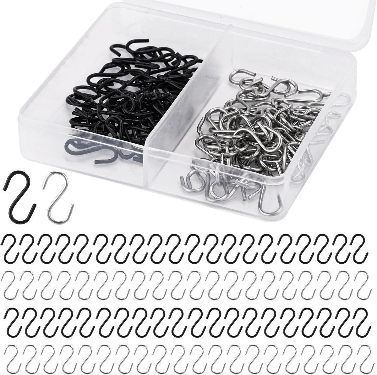 Kleine S-Haakjes voor Ophangen - 100 Stuks RVS Mini S-Haakjes met Opbergdoos voor DIY Sieraden, Sleutelhangers en Labels (Zwart, Zilver)