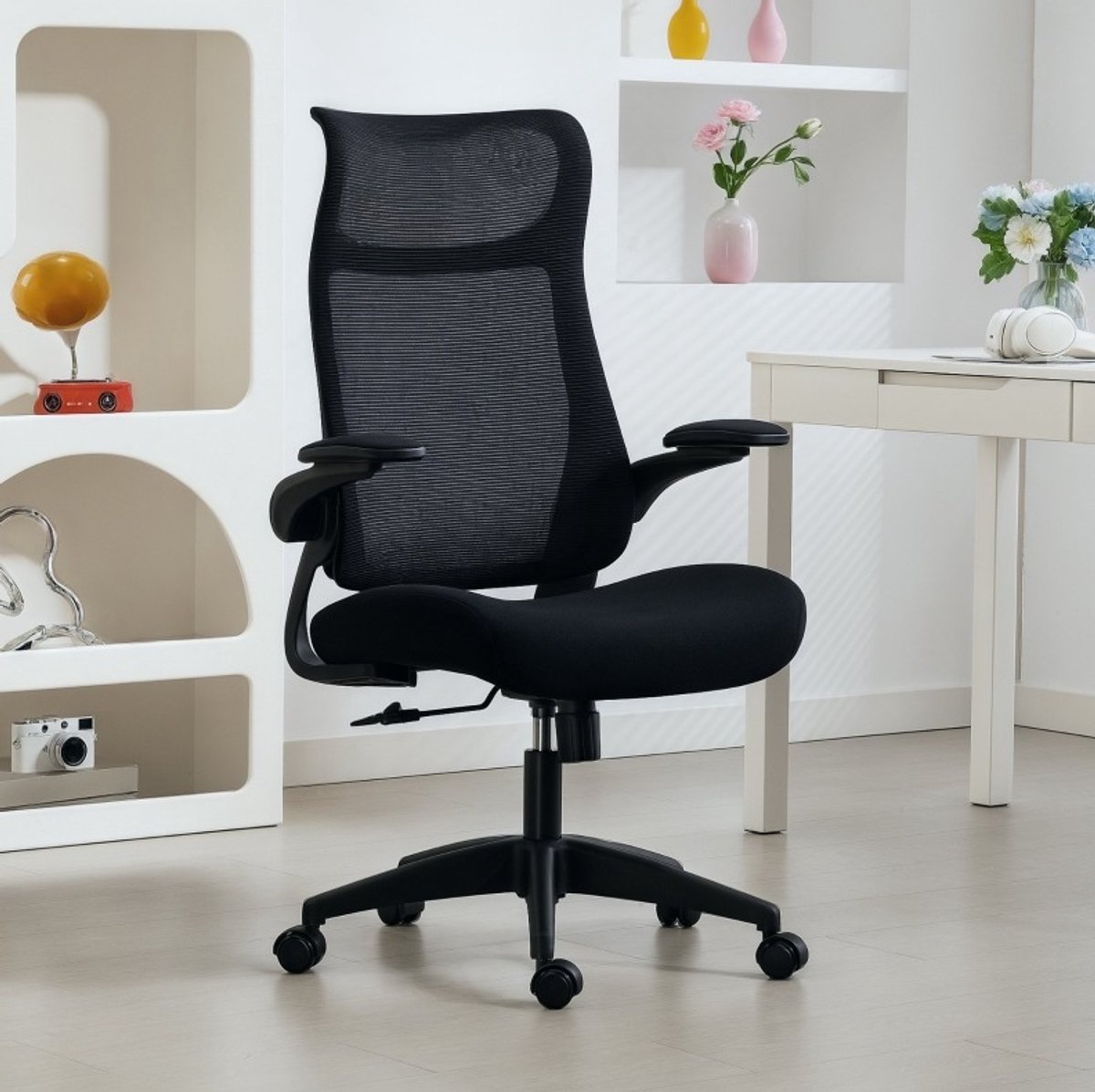 MEUNIQ ergonomische bureaustoel met 3D-armleuningen, netrugleuning, S-vormige rugleuning, hoofdsteun, kippfunctie, 360° draaibaar, zwart