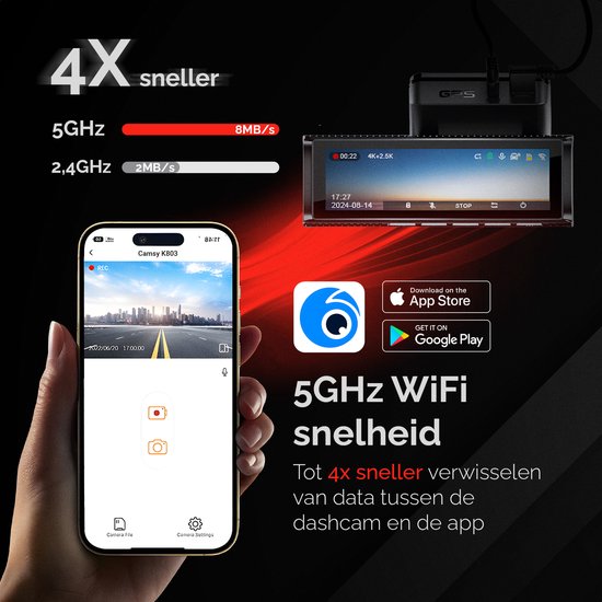 Telefoon en dashcam die de Camsy K803 app tonen, met 5GHz WiFi-snelheid.