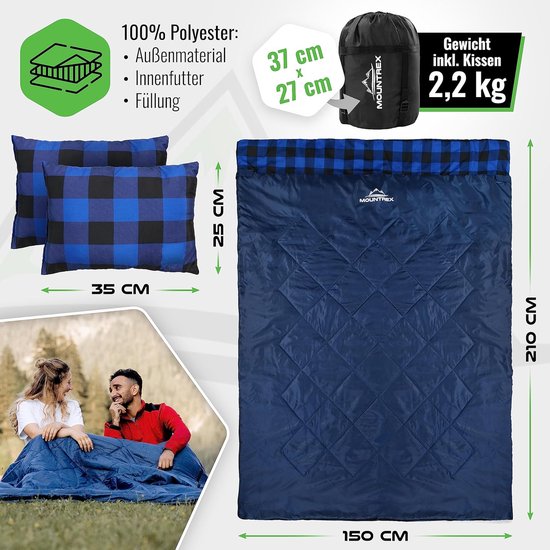 SnelShoppen - XXL Dubbele Zomerslaapzak voor 2 Personen (210 x 150 cm), Lichtgewicht Dekenslaapzak met 2 Hoofdkussens, Ideaal voor Camping, Outdoor en — afbeelding 3