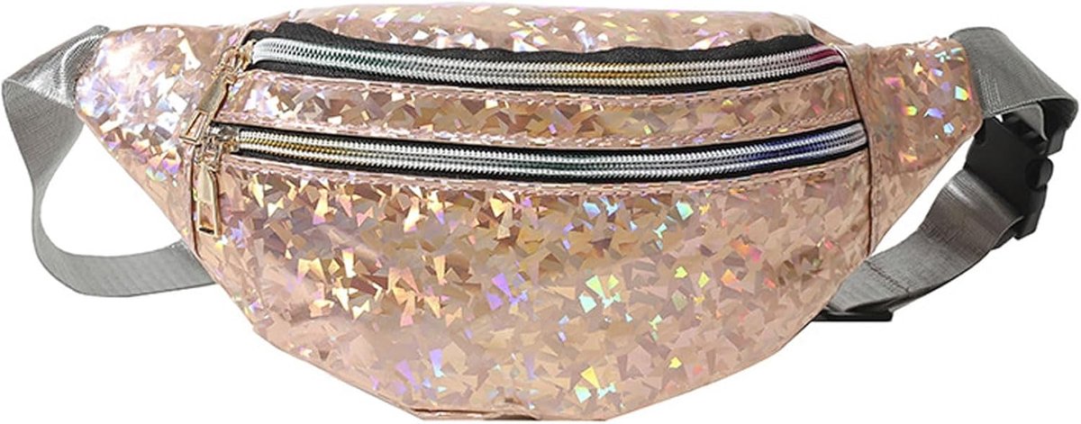 Thijox - Glanzende Heuptas met Verstelbare Riem, 3 Vakken, Waterdicht, Champagne Kleur, Perfect voor Feest, Carnaval en Zomer - 30 x 7 x 14 cm