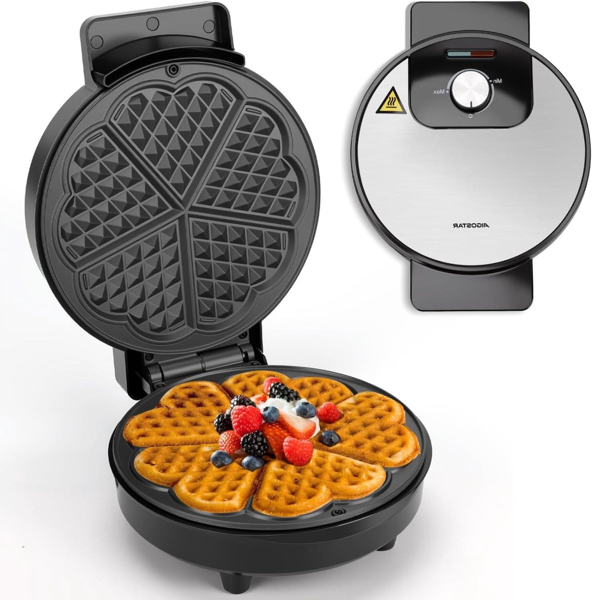Wafelijzer - Hartvormige wafels - Lekkere wafels maken - Verstelbare temperatuur - 19 cm platen - Zilverkleurig
