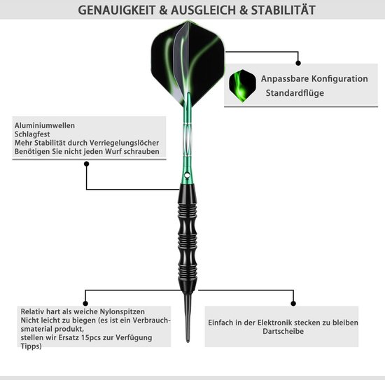 Dartpijlen Set - Soft Darts - Dartspel Spelen - Aluminium Shafts - 20 Gram - Groen — afbeelding 2