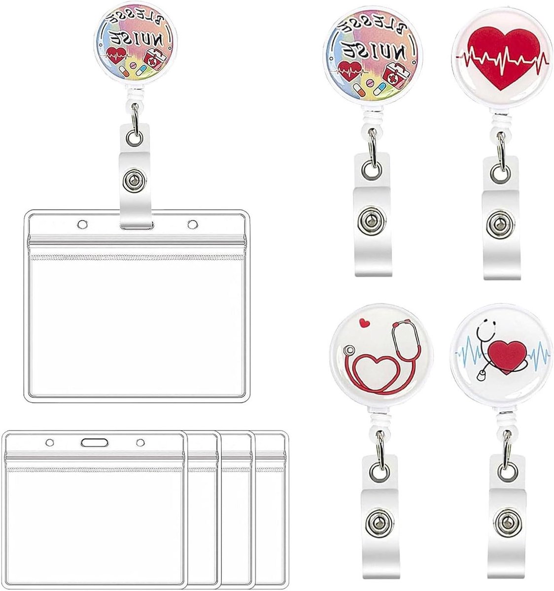 Badgehouders Set - Naamkaarthouders - Toegangskaarten Tonen - 360° Roterende Clip - 4 Stuks - Wit Rood