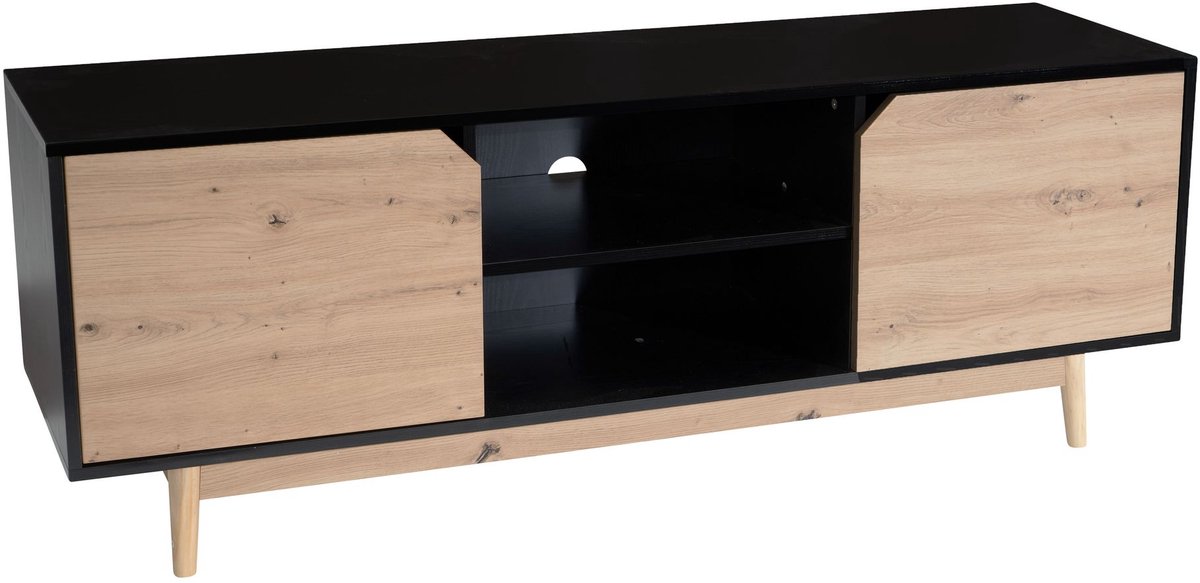 Ervesto Lowboard Tv-Meubel - Zwart Eiken Decor 150x55x40 Cm - Tv-Kast Met 2 Deuren En Open Vakken - Moderne Tv-Stand En Opbergkast Woonkamer