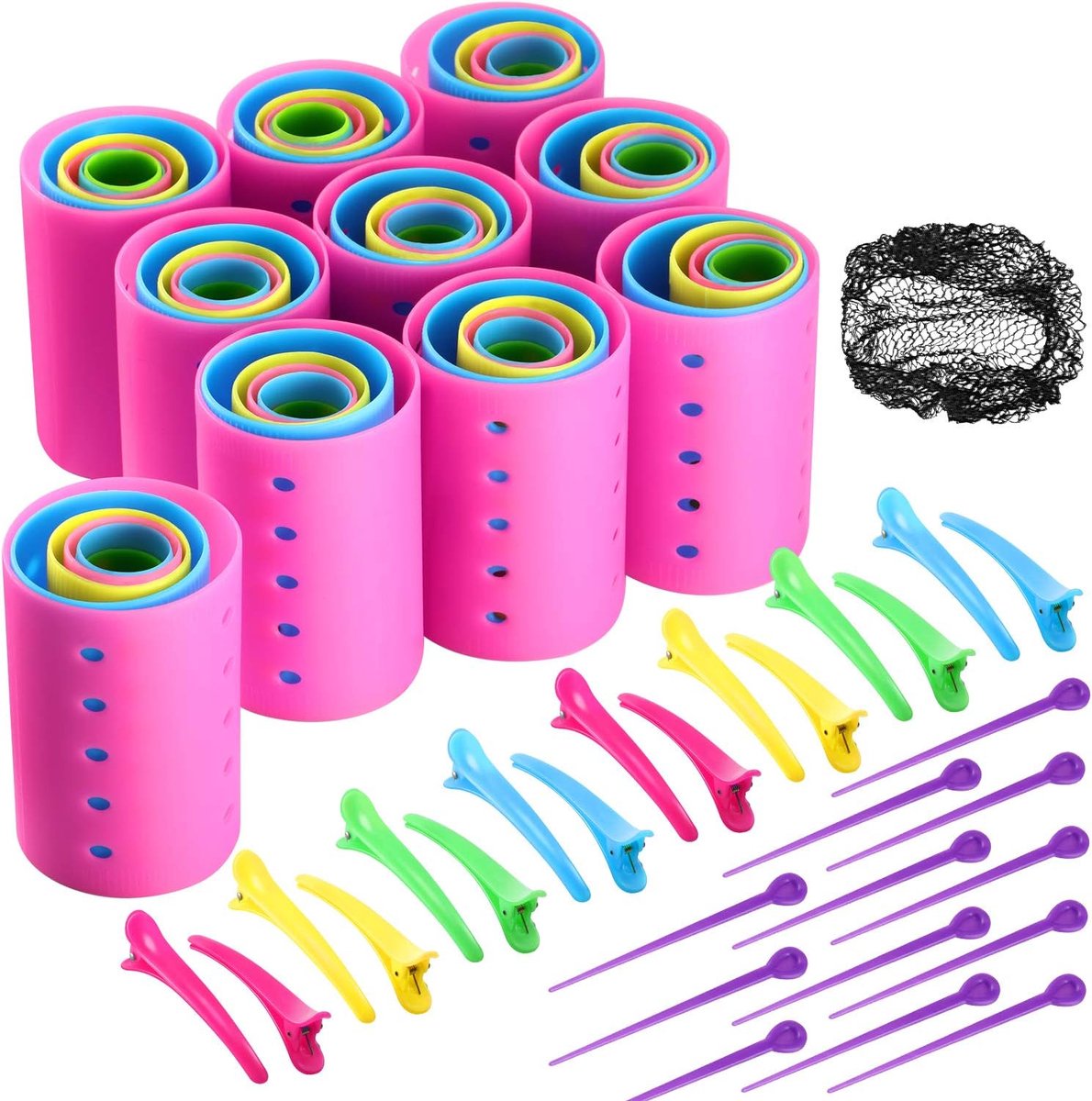 Thijox - Set van 141 Haarrollers voor Middellang en Kort Haar - 60 Plastic Haarrollen met 60 Pinnen, 20 Eendentanden Haarclips en Kappersgereedschap i