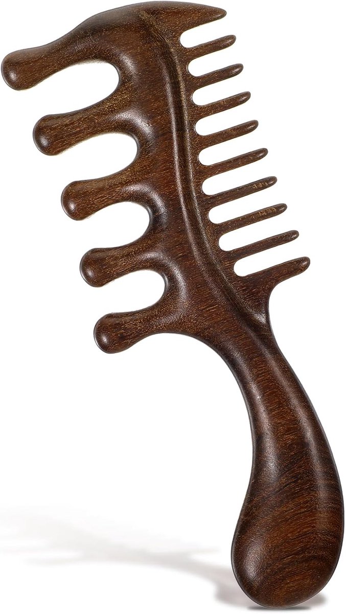 Thijox - Houten hoofdhuidmassagekam van natuurlijk sandelhout, brede tand met handvat voor mannen en vrouwen, stressvermindering, haargroei, hoofdhuid