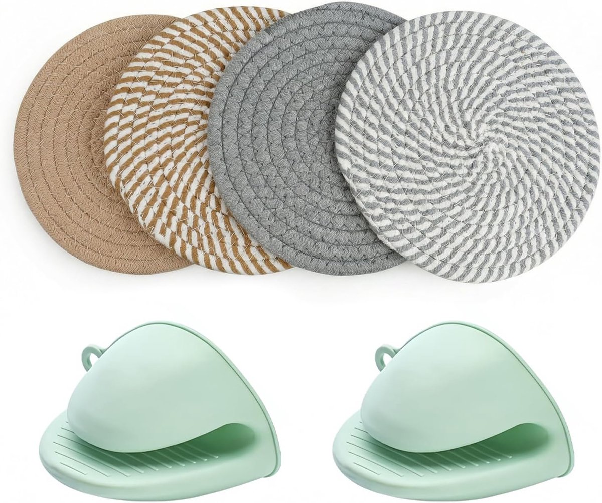Thijox - Set van 4 Hittebestendige Katoenen Pannenonderzetters met Siliconen Ovenwanten - Antislip, 20 cm, Grijs - Keukenset voor Potten en Pannen - V
