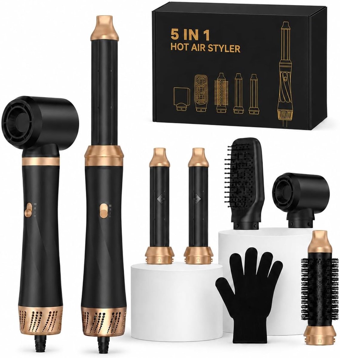 Thijox - 5-in-1 Hairstyler Air Styler Set, 1000 W, Multifunctionele Föhn met Ronde Borstel, Warmluchtborstel en Automatische Krultang voor Thuisgebrui
