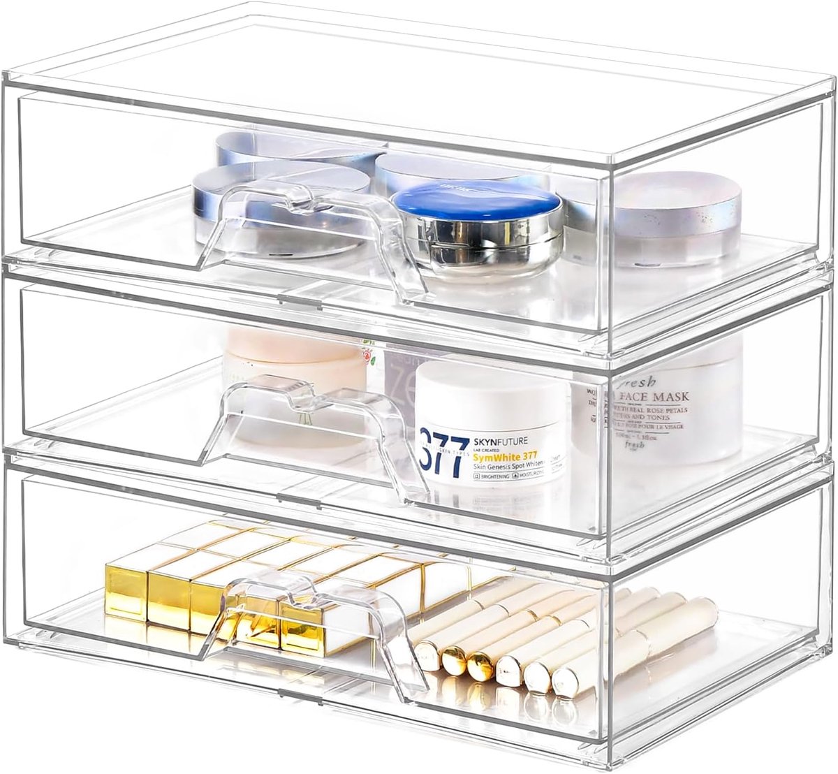 Thijox - 3 Stuks Stapelbare Opbergladen - Doorzichtige Acryl Make-up Organizer - Ideaal voor Badkamer, Keuken, Kast en Ijdelheid - Efficiënte Opslagop