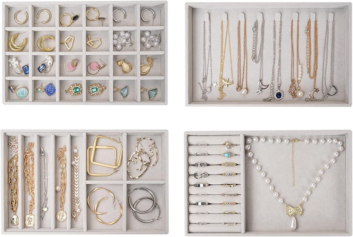 SnelShoppen - Set van 4 Stapelbare Sieradenbakken voor Dames en Meisjes, Organizer Tray voor Oorbellen, Kettingen, Ringen en Armbanden - Grijs, Perfec