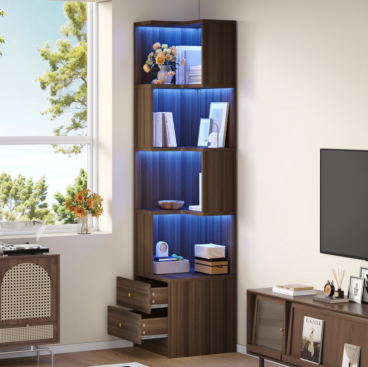 FloraGrace Boekenkast - L-Vormige Hoekkast Met App-Bedienbare LED En 2 Lades - Voor Woonkamer Of Kantoor - MDF - 45x43,5x180 Cm - Bruin