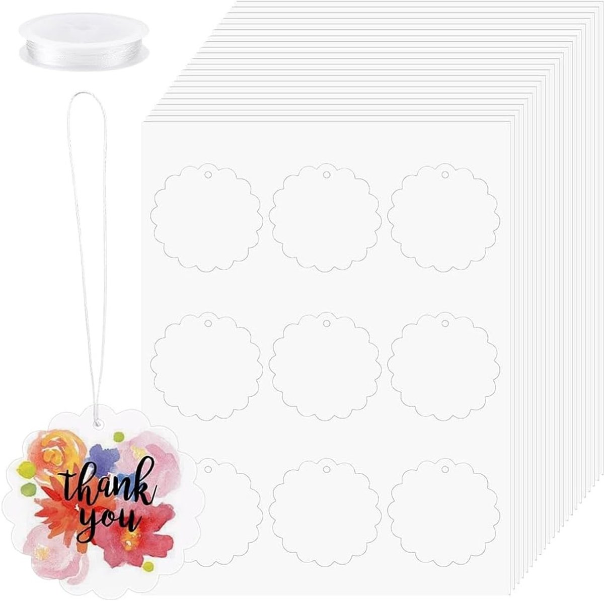 270 stuks blanco bedrukbare etiketten in bloemvorm, 6,35 cm, cadeaulabels met koord voor geschenken, feestjes en bruiloften, 30 vellen