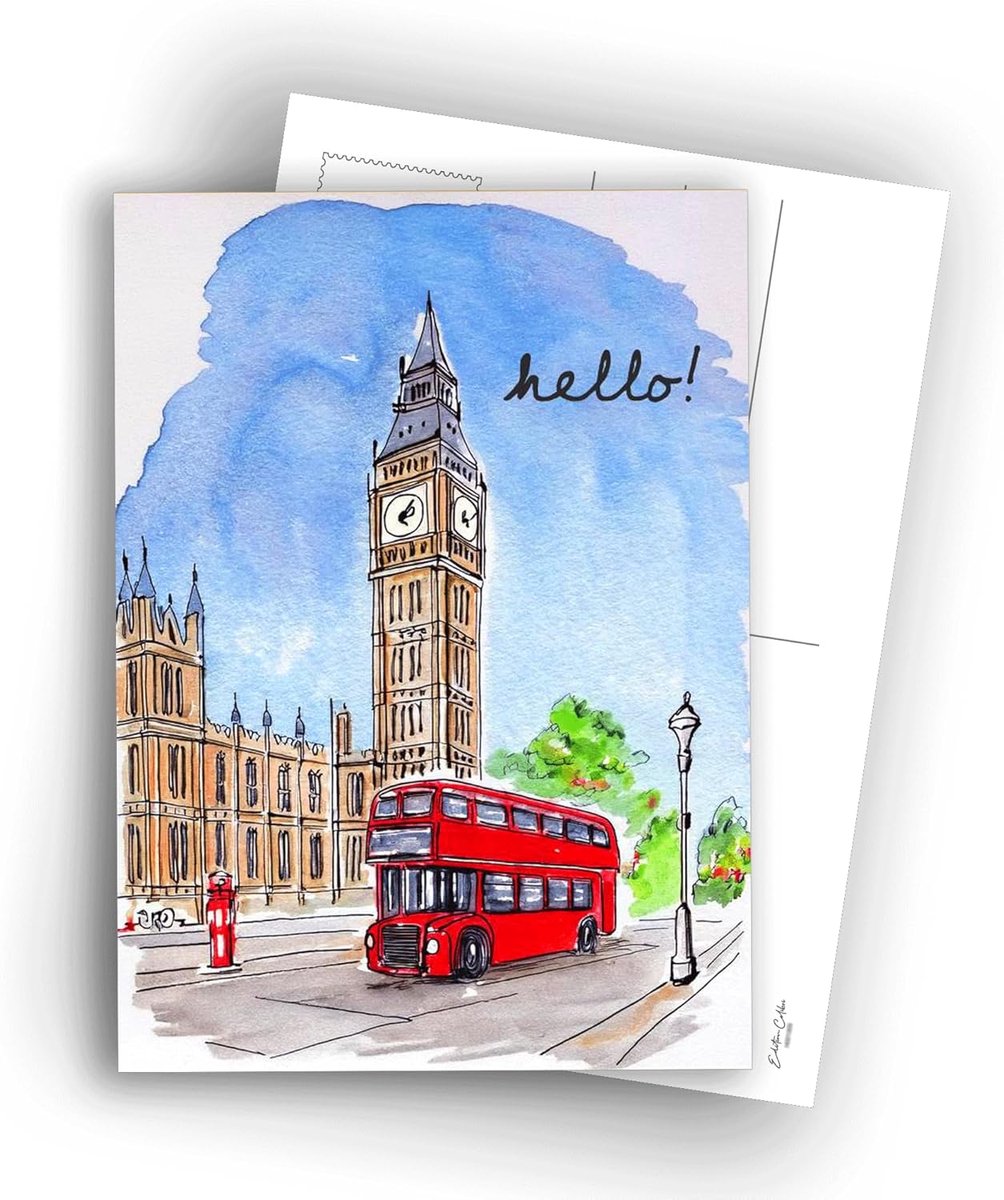 Thijox - Set van 10 A6 Postkaarten - Aquarel Illustratie van Big Ben & Double-Decker Bus - Perfect voor Cadeaus, Verzamelen, en Versturen - Beschrijfb