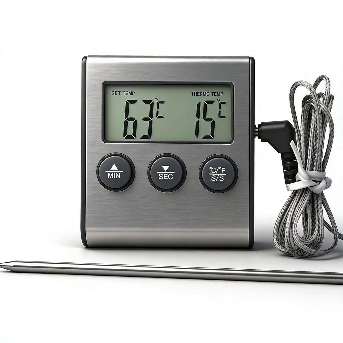 SnelShoppen - Digitale Grill Thermometer - Vleesthermometer 0-250 °C - RVS Probe met Timer en LCD Display voor BBQ, Oven, Grill en Rookoven
