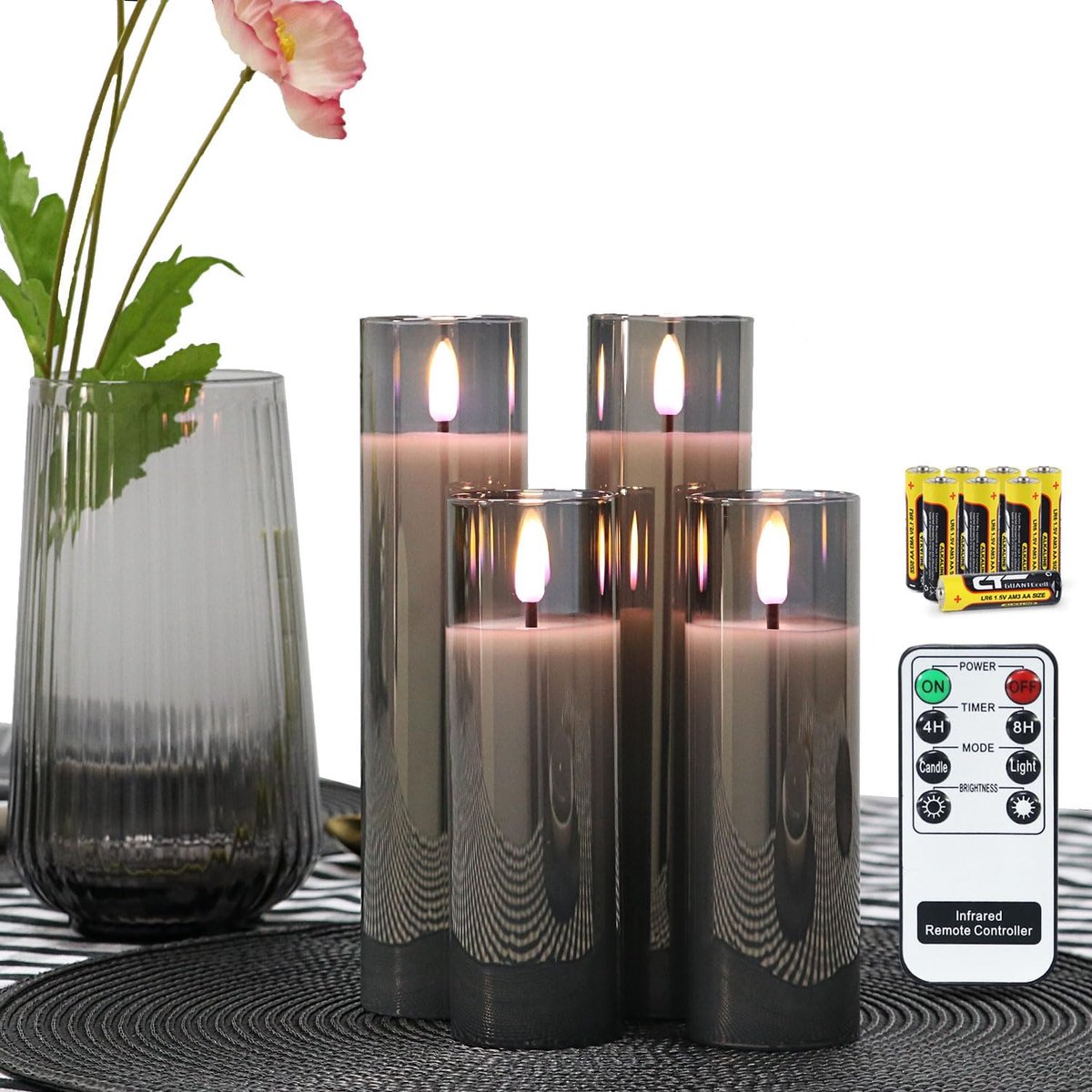Thijox - Set van 4 Grijs Glas LED Kaarsen met Afstandsbediening - Vlamloos Warm Wit Licht - Elegante Rookgrijze Kaarsen voor Feest, Tuin, en Binnengeb