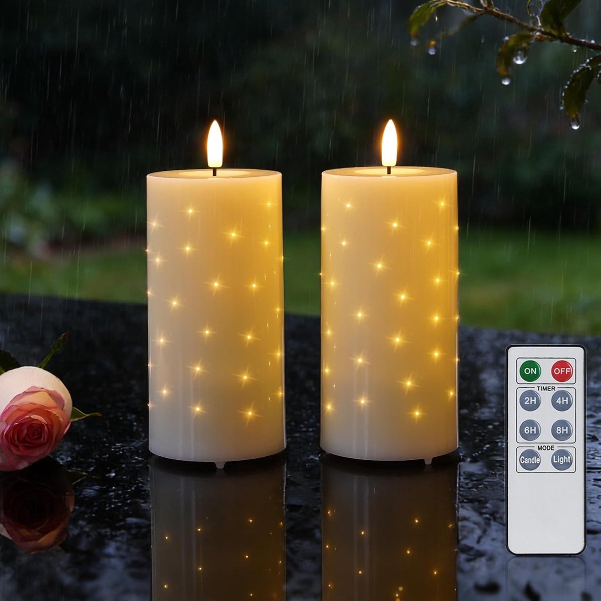 SnelShoppen - Rhytsing 2 Buiten LED Kaarsen IP44 Vlamloze Ivoor Kaarsen met Afstandsbediening voor Tuin en Veranda, 7,5x7,5x15 cm - Veilig voor Kinder