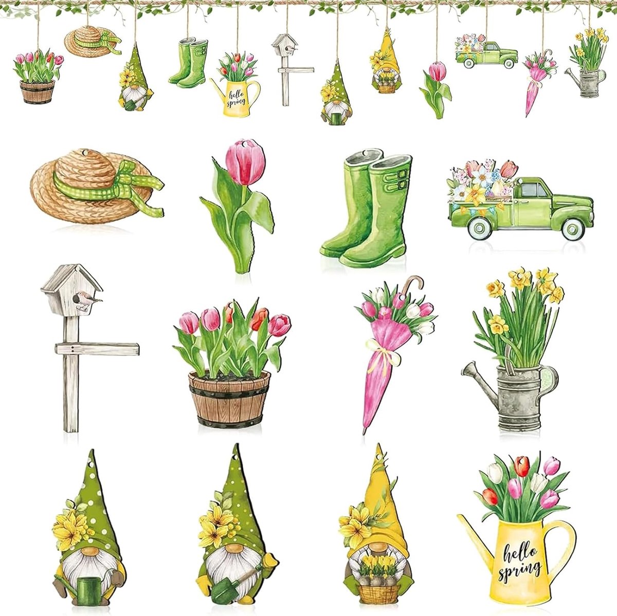 24pcs Wooden Decoration, Spring Decorations for Hanging, Wooden Hangers for Hanging Wooden Dwarfs, Spring Tree - ShopVlot