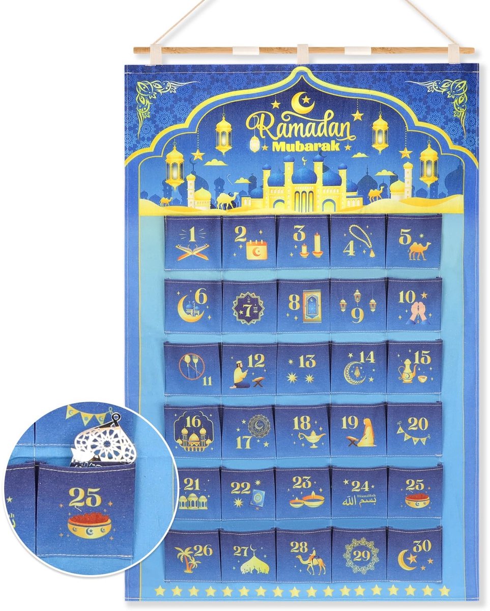 Dailygoods- Adventskalender Blauwgouden Ramadan - 30 Zakken - Muurdecoratie - Eid Mubarak - Countdown Decoraties - Functioneel en Prachtig - Kalender