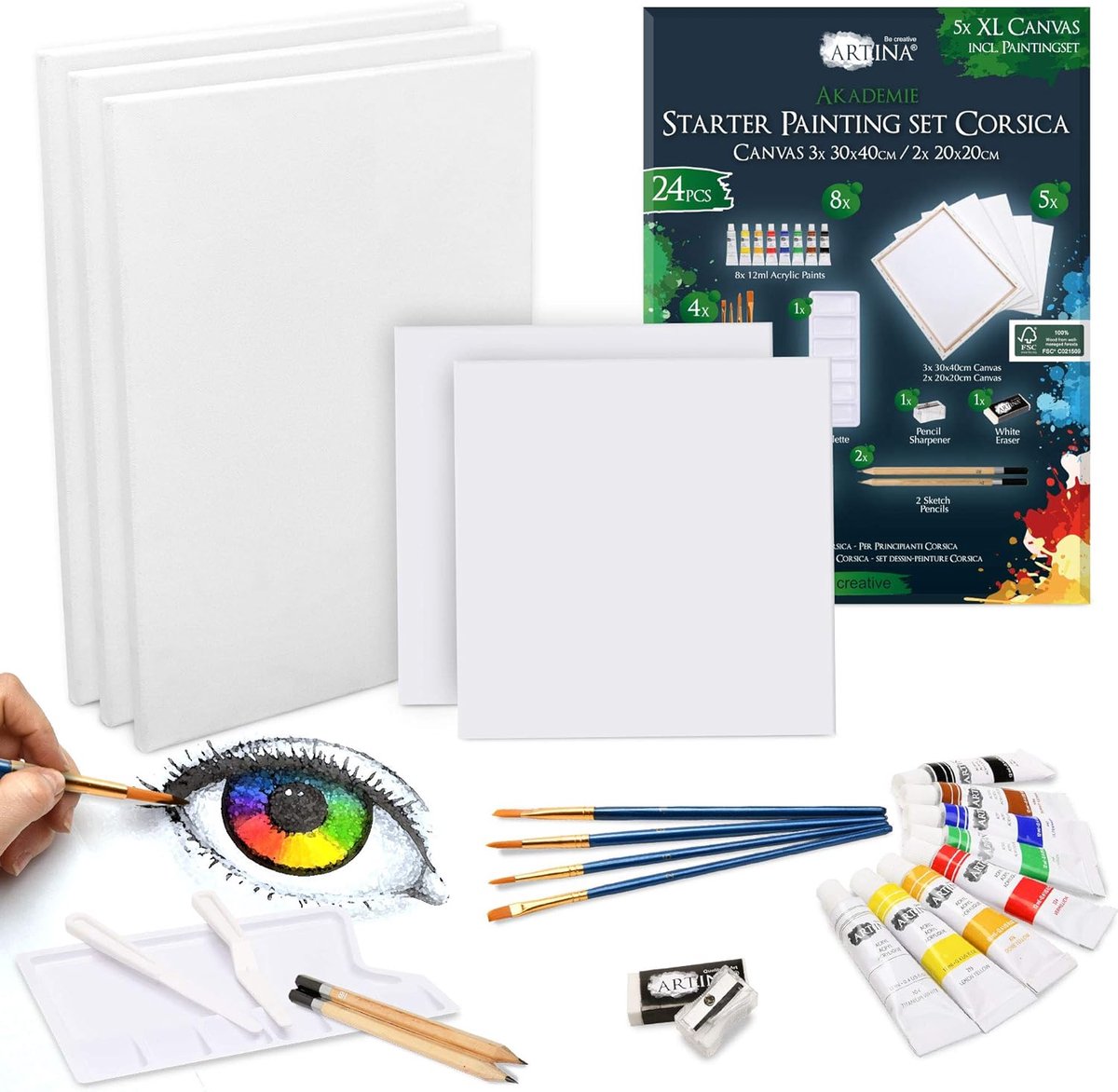 Thijox - 24-delige verfset voor beginners – acrylverfset met 8 x 12 ml acrylkleuren, 5 canvasdoeken 30 x 40 cm & 20 x 20 cm, penselen en accessoires v