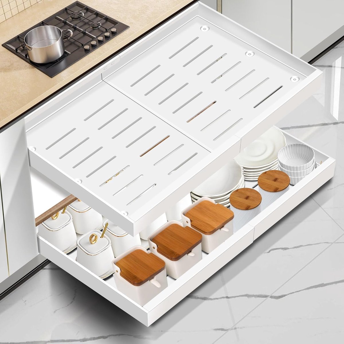 gootsteenkast organizer uitrekbaar - Uittrekbare Keukenorganiser - Corrosiebestendig Staal - Geluidsarme Rails - Verstelbare Lengte - Voor Keuken en Badkamer