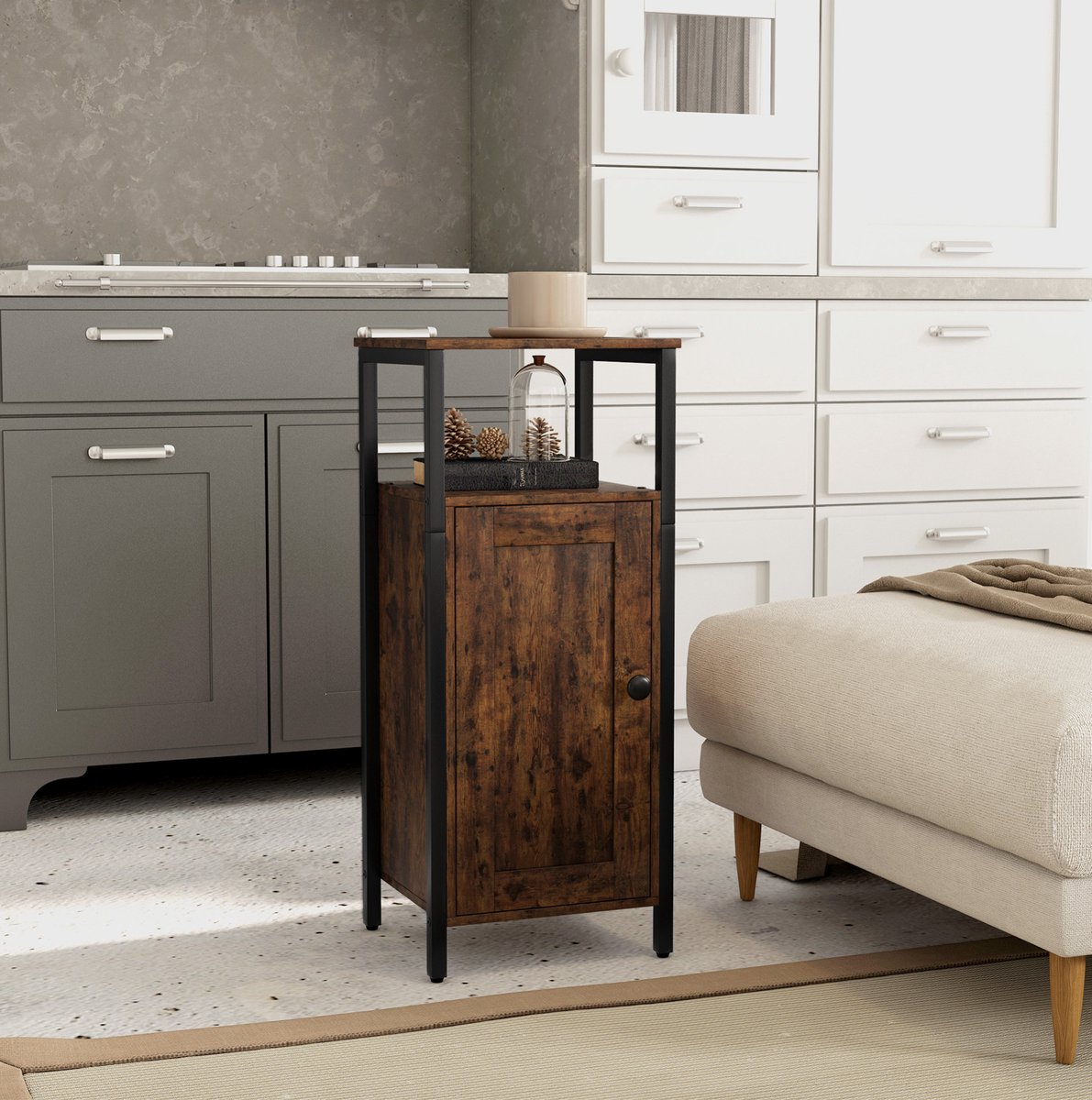MEUNIQ Bijzettafel met opbergkast en 2 open vakken, verstelbare binnenplank, industrieel design, 34 x 30 x 80 cm, voor woonkamer of slaapkamer, bruin