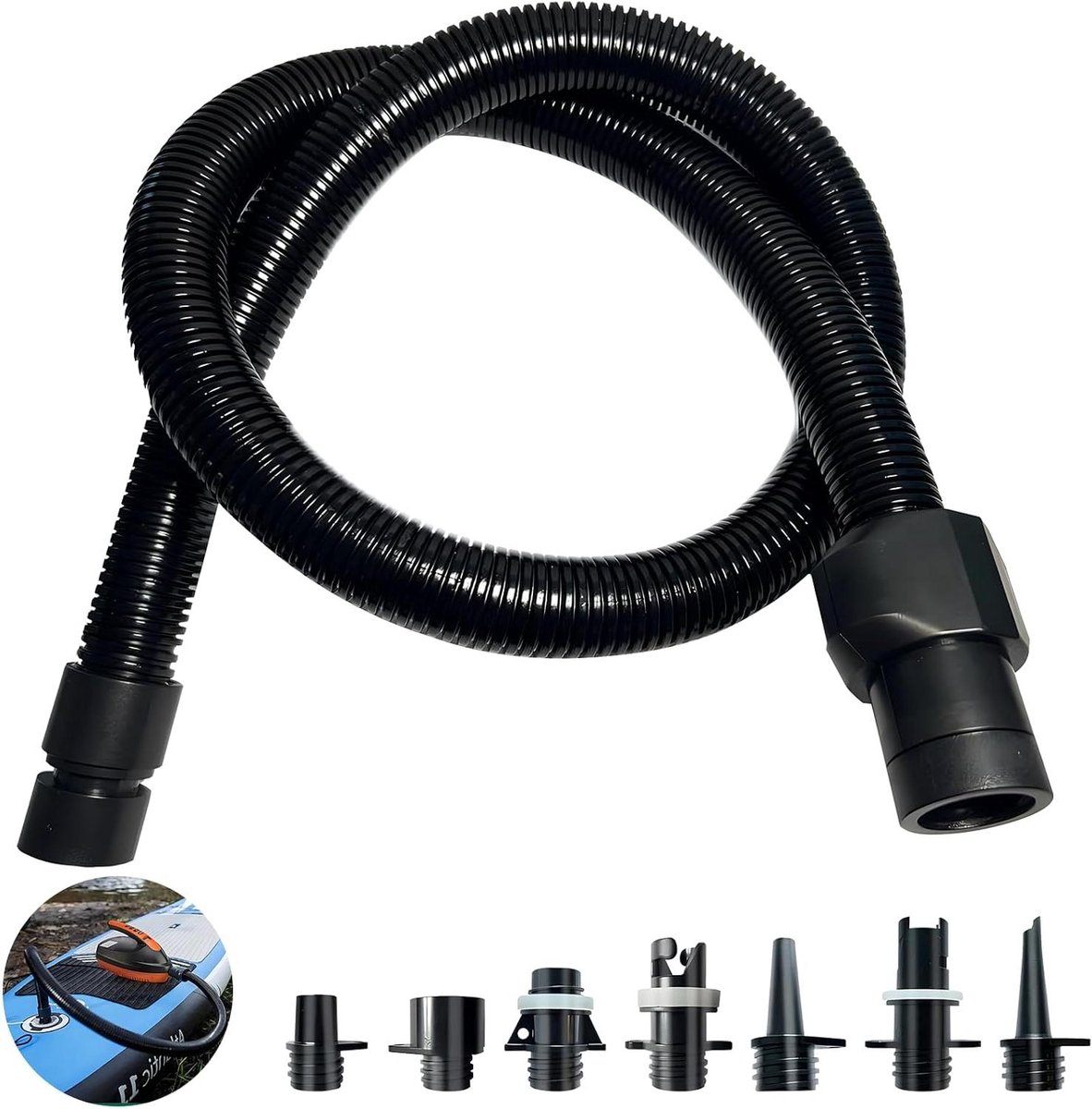 Sup Pomp Adapter - Luchtslang Set - Opblaasbare Boten - Zeven Ventielmondstukken - 1 Meter Lang - Zwart